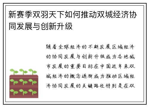 新赛季双羽天下如何推动双城经济协同发展与创新升级