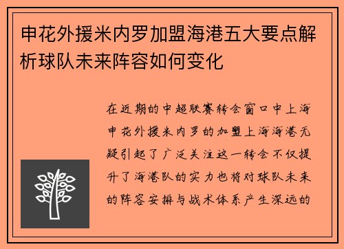 申花外援米内罗加盟海港五大要点解析球队未来阵容如何变化