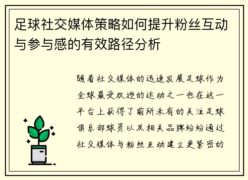 足球社交媒体策略如何提升粉丝互动与参与感的有效路径分析